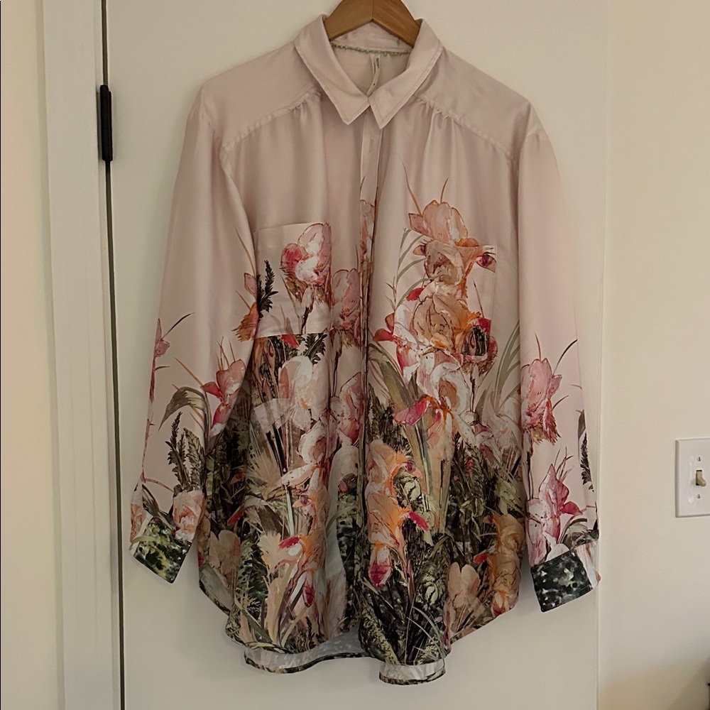 Anthropologie Floral Button Down Shirt - Cream and Pink